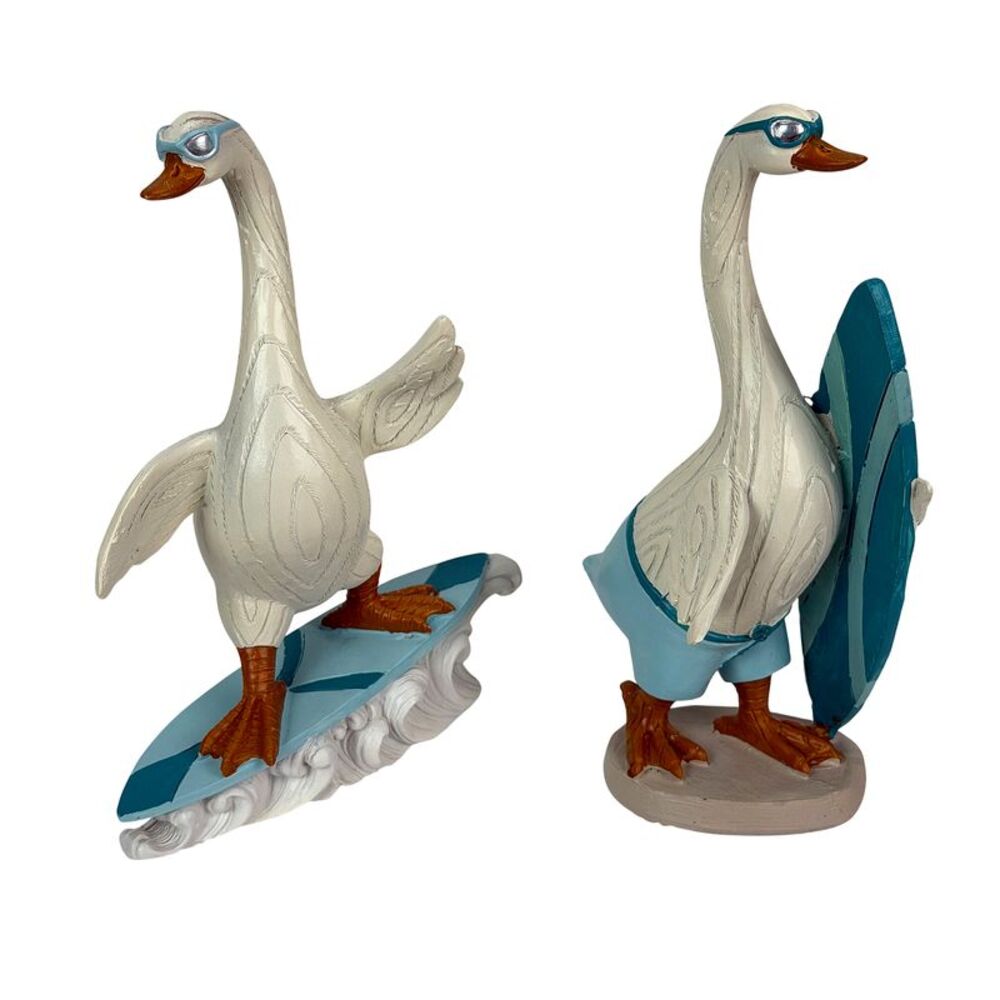 Surfing Geese Figurine Set of 2 Coastal Blue White Resin 7.25 in Shelf Decor